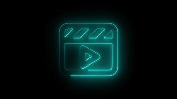 Animated Glowing cyan neon icon with the clapperboard play logo, 4k with alpha background video