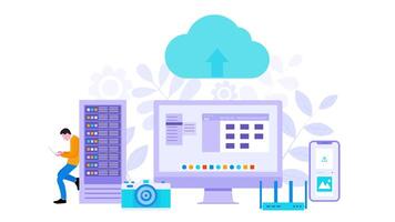 Cloud computing system technology with character animation, Modern cloud technology with data center. Web hosting concept. 4k video