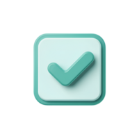 Check mark icon in teal color on square button, 3d rendering, transparent png