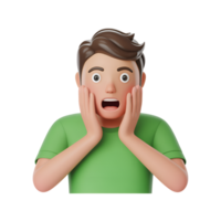 Surprised cartoon man with hands on face and mouth open in disbelief, 3d render png