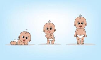 Set with cute little baby boy in diaper, cute baby boy in growth cycle progress set flat style design. vector