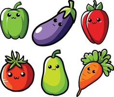 ute cartoon set of kawaii-style vegetables with smiling faces. Includes green bell pepper, eggplant, tomato and carrot. Bright, colorful, and playful illustration vector