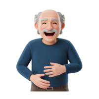 Laughing senior man with mustache holding stomach in a 3d rendering illustration png