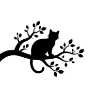 Cat silhouette perched on a tree branch with leaves on a plain background design png