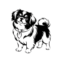 Pekingese dog illustration, monochrome pet portrait with collar and cheerful expression png