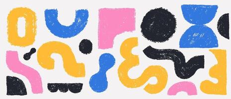 Set of abstract thick lines charcoal drawing grunge shapes in doodle scribble style. Colorful hand drawn bold geometric forms in childish style. Playful kids figures brush strokes collection. vector