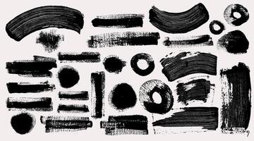 Set of black brush stroke, ink splatter and artistic design elements. Hand drawn dirty watercolor texture, box, frame. paint abstract drawing. Grunge background splash or creative shape. vector