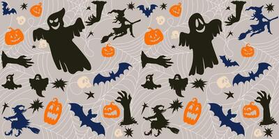 Seamless pattern of rows of halloween icons. spiders and Kid spider web on blue background. Template creepy print for Halloween decoration, design, wallpaper, textile, fabric, wrapping. vector