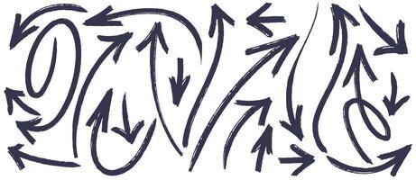 Arrows sketch pencil, texture line scribble arrow icon. Hand drawn grunge crayon, dry brush, direction element on chalkboard. Black arrow crayon, brush, doodle chalk and line set. vector