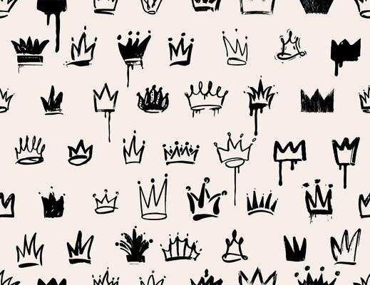 Seamless spray paint crown pattern. Hand drawn graffiti king, queen or prince crowns with splashes, drips. princess tiara and diadem. Template royal head accessories in street style.