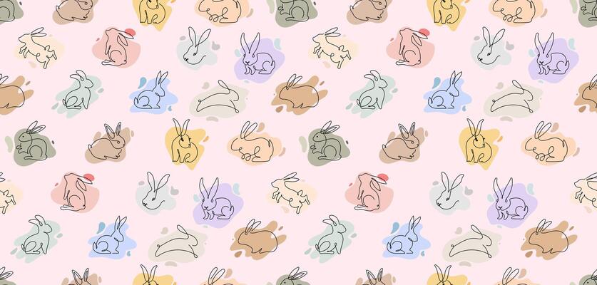 Seamless pattern with Easter rabbits. Hand drawn seamless pattern cute bunny Easter. Template fabric print Wallpaper Printable paper. illustration. Rabbits in one line seamless pattern.