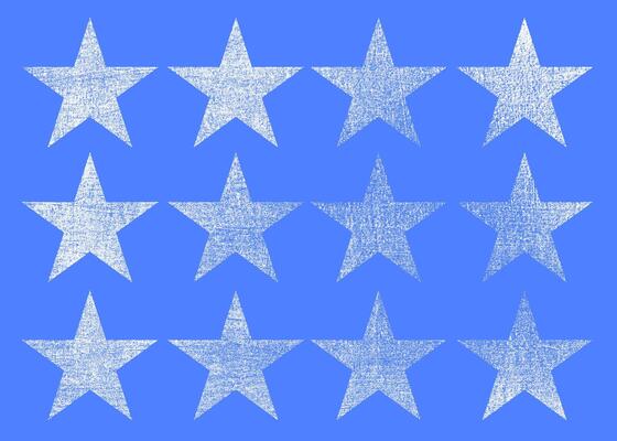 Set of grunge retro stars. White five pointed stars with a distressed, grunge bold texture and worn out effect. Collection of icons with rough, edgy look, vintage, or urban aesthetic.