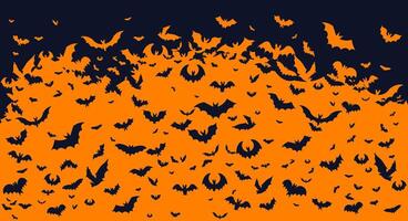 Halloween banner, poster with black bats on the orange background. Template Illustration for text. Pattern, background of halloween bat. Halloween background with swarm of bats. vector