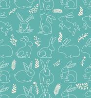 Seamless pattern with Easter rabbits. Hand drawn bunny pattern. Cute Easter bunnies seamless background with carrots, eggs. Pattern rabbit and leaves on green background illustration. vector