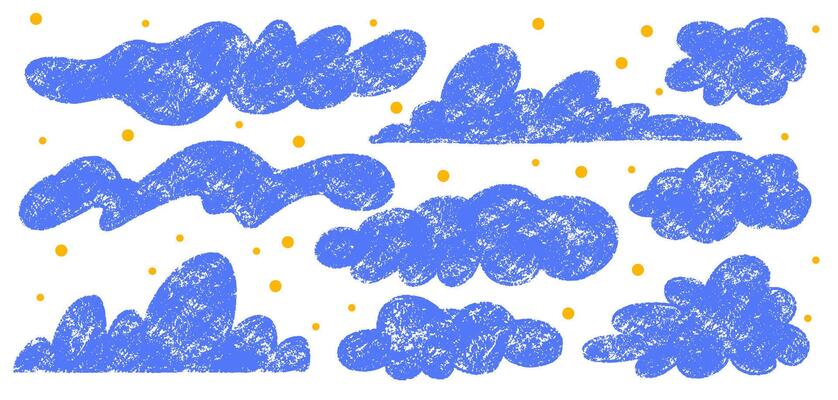 Set of hand drawn doodle clouds. crayon drawn clouds cute stars in kids style. Hand drawn blue cloud. Naive style childish elements. Various pencil childish icons, weather elements.