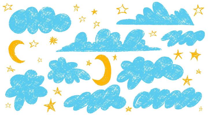 Set of hand drawn doodle clouds and stars. crayon drawn clouds cute stars in kids style. Hand drawn blue cloud. Naive style childish elements. Various pencil childish icons, weather elements.