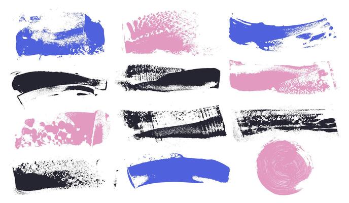 Set of abstract brush stroke paint background pink, blue, black grunge paint roller on art canvas. Black stripes, paintbrush set. Modern art textured shape. distressed banner, frames, boxes.