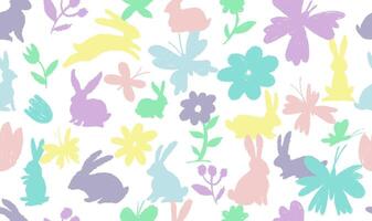 Easter bunny and butterfly seamless pattern. Flower, rabbit hand drawn crayon . Cute floral pattern with rainbow bunny animal, spring butterfly. Easter kid rabbit design. Watercolor pastel print vector