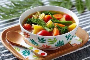 Fresh and colorful vegetable soup with pasta served in a bowl photo