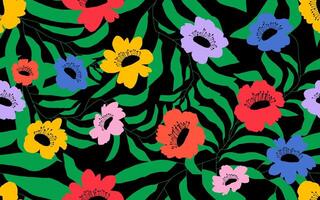 Abstract colored red, yellow, blue floral seamless pattern. Template leaf and flower pattern with ink brush texture. flowers pattern. Seamless pattern floral illustration. vector
