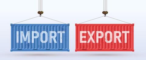 Two cargo containers with import and export. Red and blue containers with scuffs and scratches. Trade with foreign countries. containers isolated on white background. vector