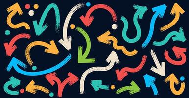 Big set colorful brush, ink, marker, crayon hand drawn bold arrows. Grunge hand drawn doodle thick arrows in different directions. Set of arrows for design, business, strategy, concept. vector