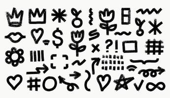 Big set of black charcoal graffiti doodle punk and girly shapes. Collection of bold marker brush drawn various doodle elements for design, collages, illustration. punk and grunge style. vector