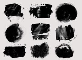 Set of brush strokes bundle. collection of paintbrush. Black round text boxes and grunge blotches. Splatters elements. Dirty distress texture banners. Ink painted shapes dry brush on canvas. vector