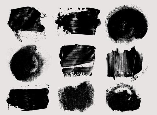 Set of brush strokes bundle. collection of paintbrush. Black round text boxes and grunge blotches. Splatters elements. Dirty distress texture banners. Ink painted shapes dry brush on canvas.