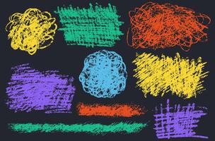 Hand drawn grunge bold shapes, curved lines and dots set. Geometric set in kid style. Collection of grunge swirl brush stroke, curly and straight lines. Bold lines chalk and coal. vector