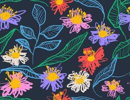 Hand drawn colored flowers seamless pattern with brush style, ink texture on white background. Grunge floral pattern. flower pattern, illustration. Template colored brush pattern. vector