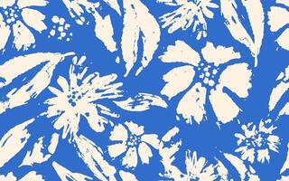 Seamless pattern hand drawn flowers with brush style texture on blue background. Brush stroke white floral pattern. Design element flower pattern. illustration brush pattern. vector