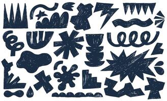 Abstract geometric shapes, stars, arch, cloud, grunge figures drawn by crayon set. Kids doodle figures, squiggly, arrow, crown, flower, primitive elements. Modern native abstract design aesthetic. vector