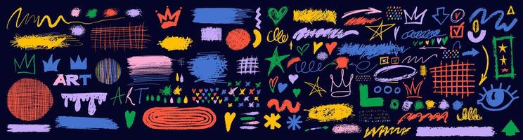 Colored charcoal graffiti doodle punk and girly shapes. Set of colorful hand drawn abstract, squiggles, creative shapes, pencil drawn icons. design scribbles, scrawls, curly lines, stars, crown vector