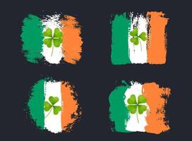 Set of vintage Ireland flags with lucky four leaf clover for Patrick's day. Flag of Ireland with lucky four leaf clover in grunge green, white, orang style. Painted with a dry brush on canvas . vector