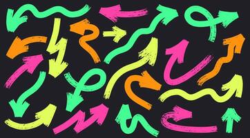 Colored marker drawn arrows set. Hand drawn grunge red, green, orange, pointers, arrow icons. Marker drawing. Collection of direction elements, curve brush strokes. vector