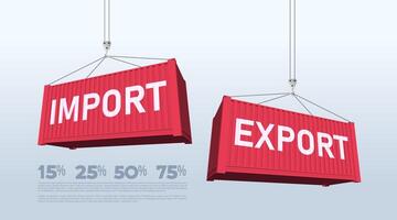 Port crane lift two red cargo containers with import and export words. Two cargo containers with import and export. containers isolated on white background. Trade with foreign countries. vector