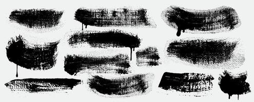 Set of text boxes black brush strokes . Grunge design elements paintbrush collection. Dirty texture banners. Painted rectangles and long strokes. Dry brush paint on canvas. vector