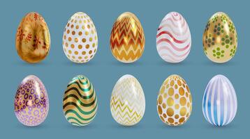 Easter eggs set. Lined up with different colors and patterns. Golden and silver colored realistic 3D isolated illustration on blue background. vector