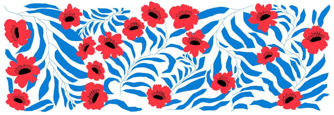 Flower red and blue matisse modern pattern. Template flower pattern. Floral hand draw element design for fashion textiles, graphics, backgrounds and crafts, social media, holidays.