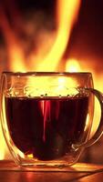 A close-up of a transparent glass cup filled with hot mulled wine, placed on a wooden surface in front of a glowing fireplace creating a cozy and comforting winter ambiance. video