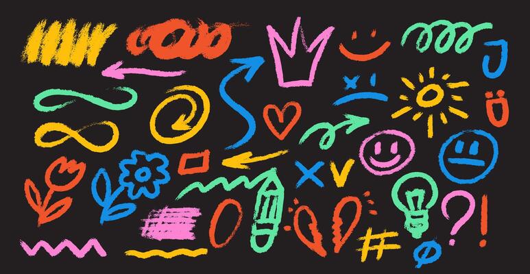 Set of hand drawn white chalk doodle. charcoal pencil curly lines. Chalk drawn elements squiggles, childish abstract shapes. White charcoal, kids stile, abstract design.