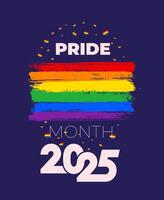 Pride month social media post template 2025. Rainbow flag painted with brushes. Poster design inclusive Pride rainbow background with pride month text. celebrating pride month 2025. vector