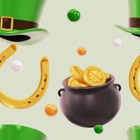 St Patrick Day seamless pattern with 3d clover, pot with gold coins. Coins, shamrock. Irish. Celtic. St Patrick's Day. Seamless pattern illustration. Isolated on white background. vector