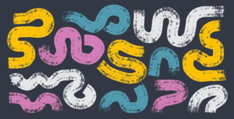 Big set of halftone yellow, blue, pink and white paint brush strokes. Grunge banners. design elements. Hand drawn marker lines, scratched shapes and circle. Textured design elements.