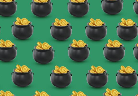 Patrick's Day Seamless Pattern. Repeating background with pot with gold coins of 3d saint patrick's symbols for wrapping paper, holidays, poster. Hidden treasures from Irish traditions.