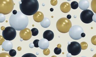 Seamless pattern 3d gold, black and white balls vibrant gradient random soft balls background. Golden, white, black balls in different sizes. seamless pattern on white background. vector