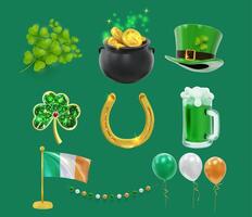 Set of symbols and elements for St. Patrick's Day. 3d icons green cone hat, beer, glasses of beer, cauldrons with gold, three-leaf and four-leaf clovers, flags, horseshoes. vector