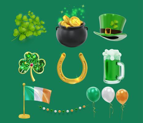 Set of symbols and elements for St. Patrick's Day. 3d icons green cone hat, beer, glasses of beer, cauldrons with gold, three-leaf and four-leaf clovers, flags, horseshoes.