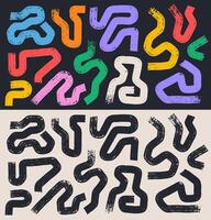 Abstract shapes in doodle grunge style brush in multi colored, black and white. Squiggles, circles, infinity sign, dots and wavy bold lines set. Collection of with colorful geometric elements. vector
